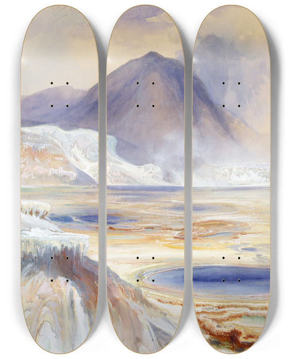Triptych art skateboard deck of Thomas Moran Mammoth Hot Springs Yellowstone by Thomas Moran (1837-1926)