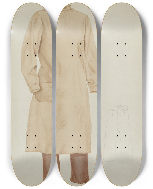 Triptych art skateboard deck of Frances Cohen Mans Smock And Trousers by Frances Cohen