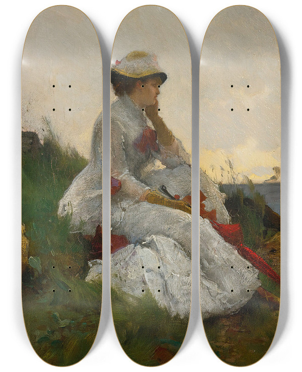Triptych art skateboard deck of Alfred Stevens Pensive by Alfred Stevens (1817-1875)