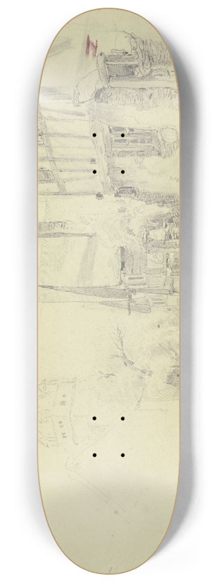 Jakob Frchtegott Dielmann - Strae im Dorf, rechts kommt aus dem Hause ein Mdchen heraus, im Hintergrund ein Turm 8.25 inch art skate deck