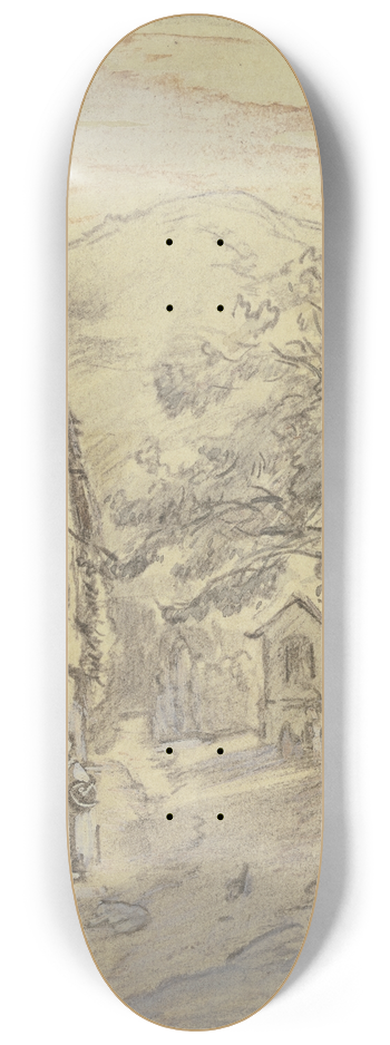 Jakob Frchtegott Dielmann - Strae in Mayscho, links zwei Frauen im Gesprch, im Hintergrund eine Kapelle 8.25 inch art skate deck