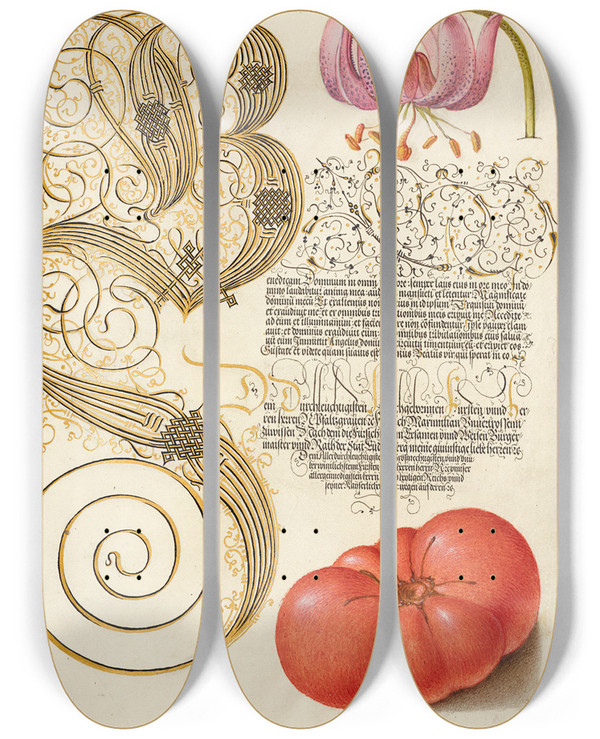 Triptych art skateboard deck of Joris Hoefnagel Martagon Lily And Tomato by Joris Hoefnagel (1542-1600)