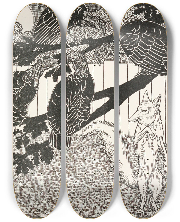 Triptych art skateboard deck of Percy J Billinghurst The Fox And The Turkeys by Percy J Billinghurst (1871-1933)