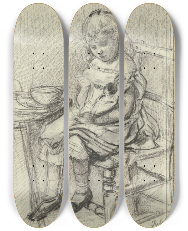 Triptych art skateboard deck of Otto Scholderer Kleines Mdchen Eine Puppe Ftternd by Otto Scholderer (1834-1902)