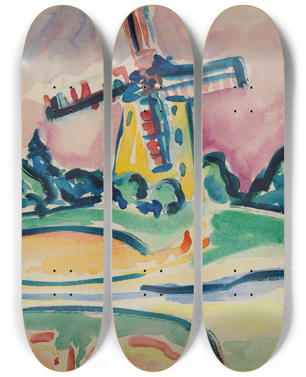 Triptych art skateboard deck of Ernst Ludwig Kirchner Windmhle Eine Windmhle Auf Fehmarn by Ernst Ludwig Kirchner (1880-1938)