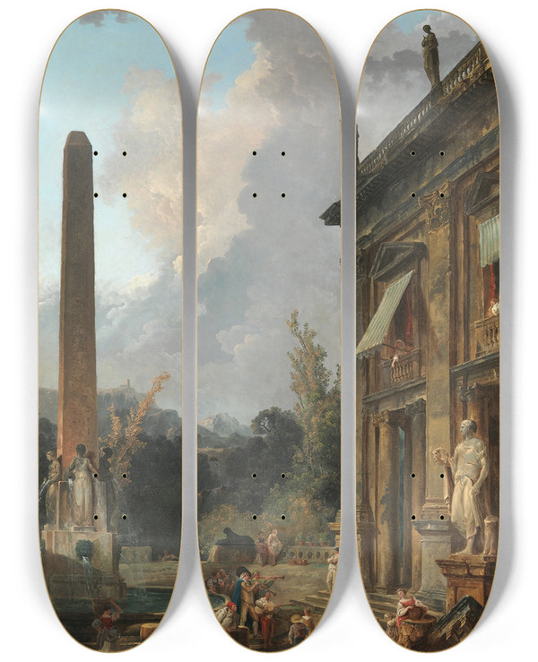 Triptych art skateboard deck of Hubert Robert Wandering Minstrels by Hubert Robert (1733-1808)