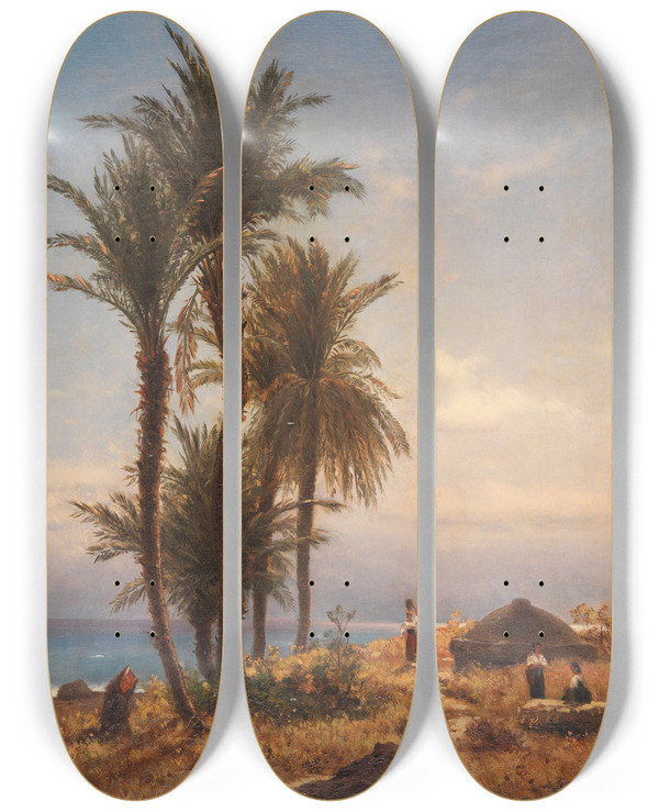 Triptych art skateboard deck of Michael Haubtmann Mediterrane Landschaft by Michael Haubtmann (1843-1921)