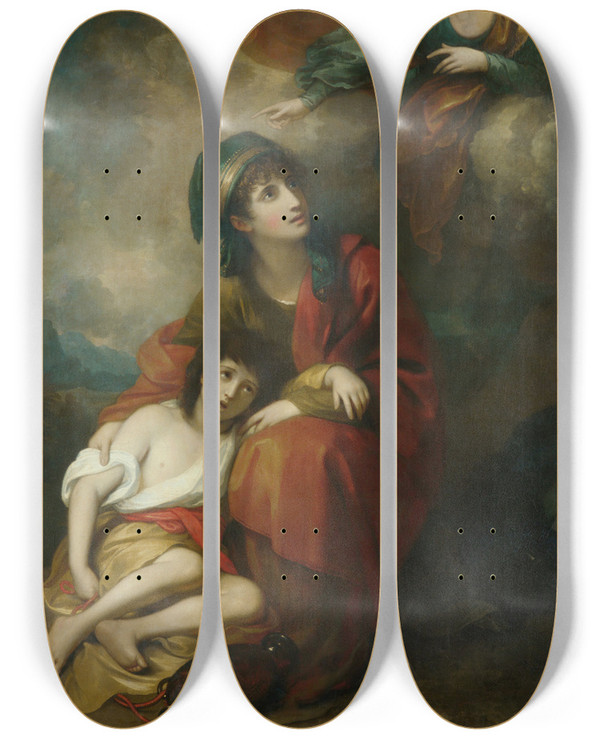 Triptych art skateboard deck of Benjamin West Hagar And Ishmael by Benjamin West (1738-1820)