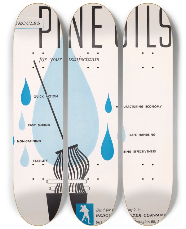 Triptych art skateboard deck of Hercules Incorporated Hercules Pine Oils by Hercules Incorporated (20-)