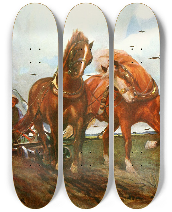 Triptych art skateboard deck of Christopher Clark Suffolk Horses by Christopher Clark (1875-1942)