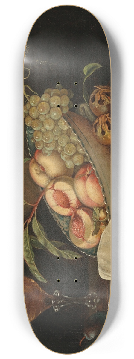 Jakob Samuel Beck - Mixed fruit in a bowl, a glass of wine and a cloth on a table 8.25 inch art skate deck