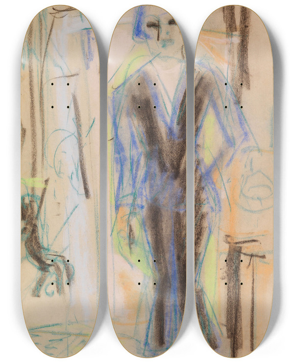 Triptych art skateboard deck of Ernst Ludwig Kirchner Stehende Dame Im Abendkleid by Ernst Ludwig Kirchner (1880-1938)