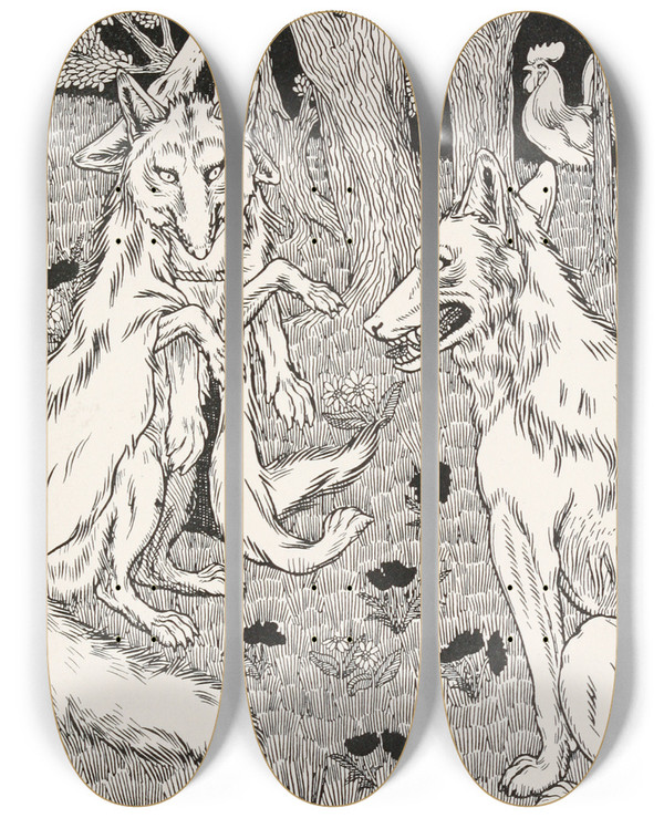 Triptych art skateboard deck of Percy J Billinghurst The Wolf And The Fox by Percy J Billinghurst (1871-1933)