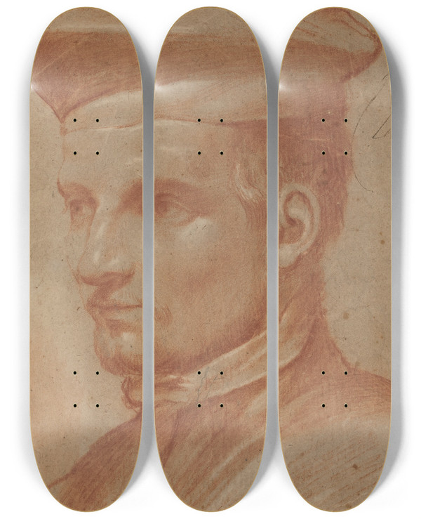 Triptych art skateboard deck of Annibale Carracci Portrait Of An Ecclesiastic Wearing A Biretta by Annibale Carracci (1560-1609)