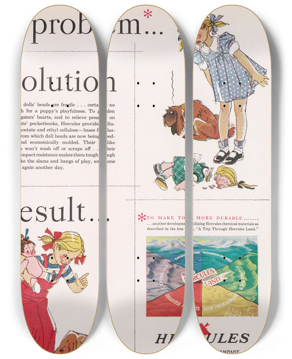 Triptych art skateboard deck of Hercules Incorporated Problem Solution Result Juneaugust by Hercules Incorporated (20-)