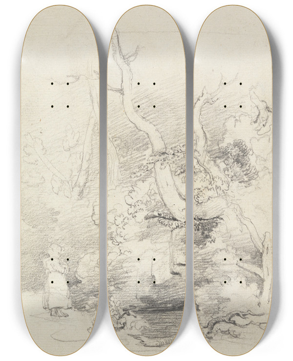 Triptych art skateboard deck of Cornelius Varley Tree Study by Cornelius Varley (1781-1873)