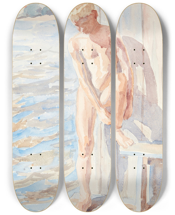 Triptych art skateboard deck of Peter Hansen Dreng Efter Badet by Peter Hansen (1868-1928)