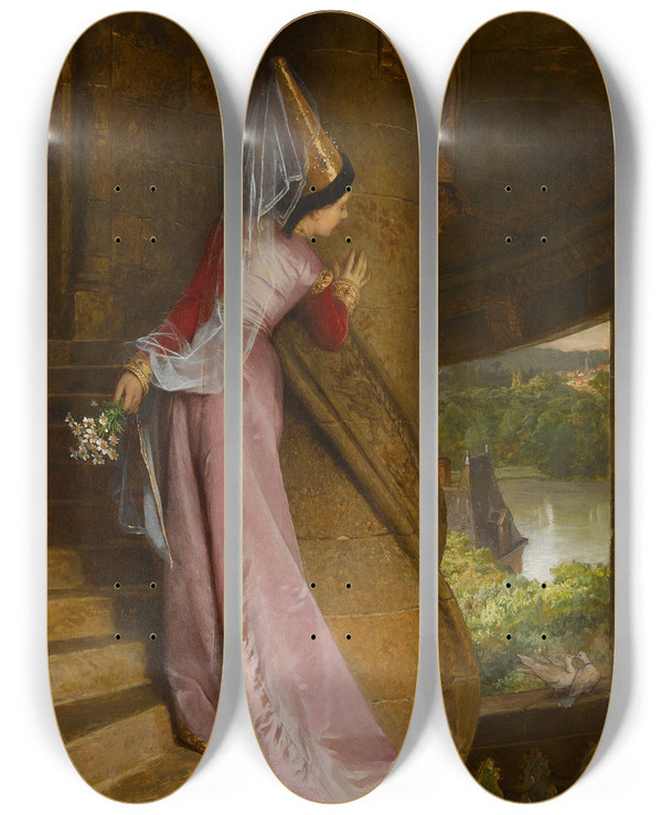 Triptych art skateboard deck of Pierrecharles Comte The Secret Rendezvous by Pierre-Charles Comte (1823-1895)