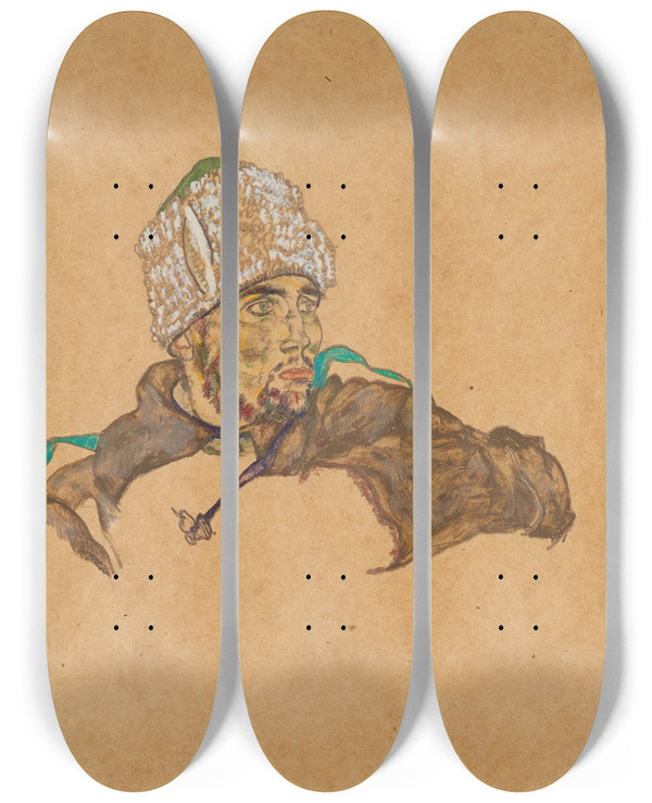 Triptych art skateboard deck of Egon Schiele Russischer Kriegsgefangener by Egon Schiele (1890-1918)