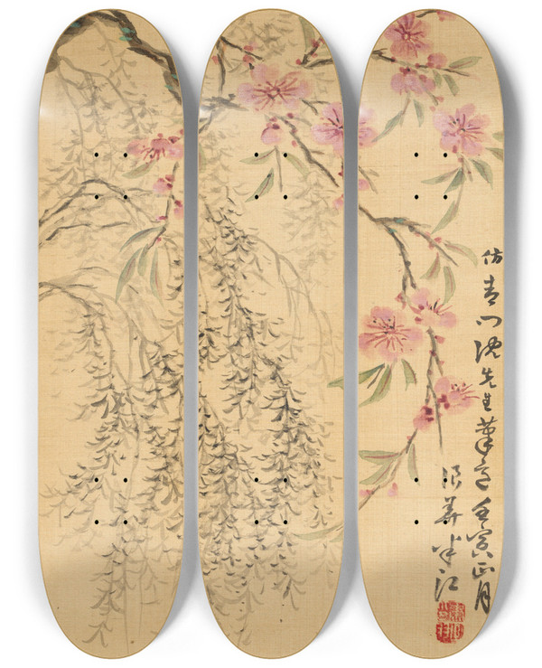 Triptych art skateboard deck of Okada Hank Peach Blossoms And Willows by Okada Hanko (1782-1846)