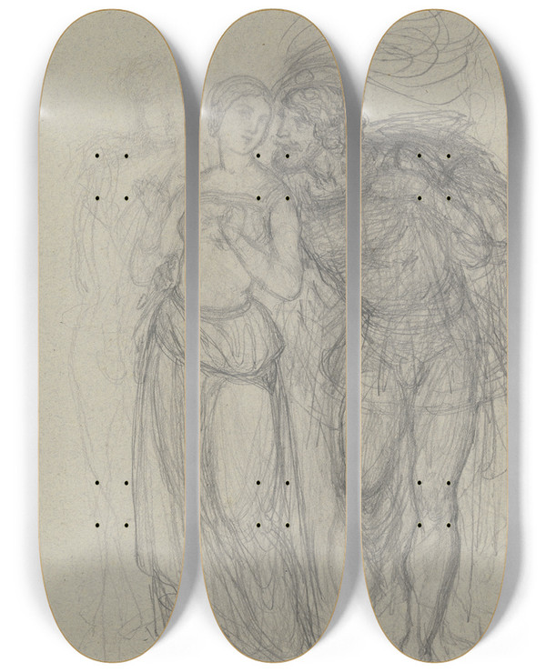 Triptych art skateboard deck of Ferdinand Fellner Faust Und Gretchen 2 by Ferdinand Fellner (1799-1859)