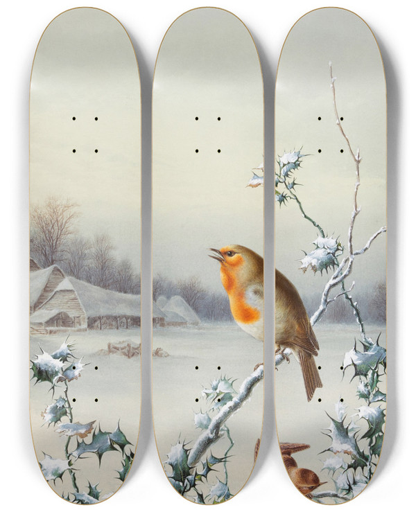 Triptych art skateboard deck of Harry Bright Winter A Robin And Wren by Harry Bright (1846-1895)