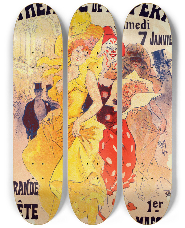 Triptych art skateboard deck of Jules Chret Bals De Lopra En 1899 by Jules Cheret (1836-1932)