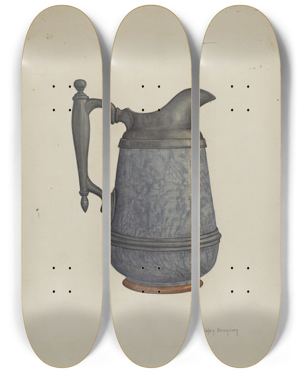 Triptych art skateboard deck of Helen Bronson Pewter And Ceramic Pitcher by Helen Bronson
