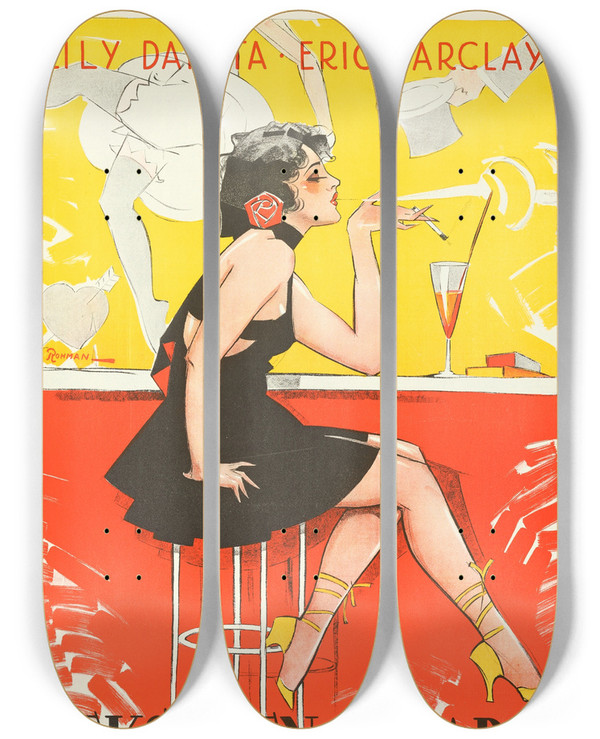 Triptych art skateboard deck of Eric Rohman Red Heels by Eric Rohman (1891-1949)