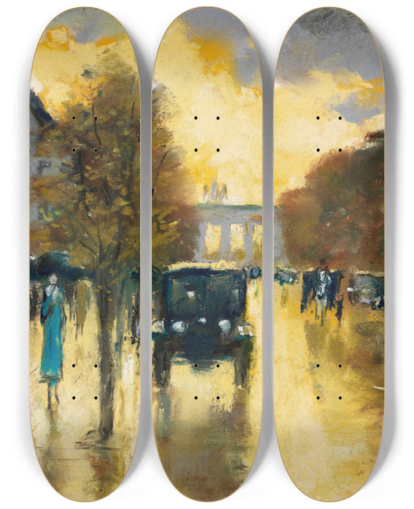 Triptych art skateboard deck of Lesser Ury Unter Den Linden Mit Blick Auf Das Brandenburger Tor Berlin by Lesser Ury (1861-1931)