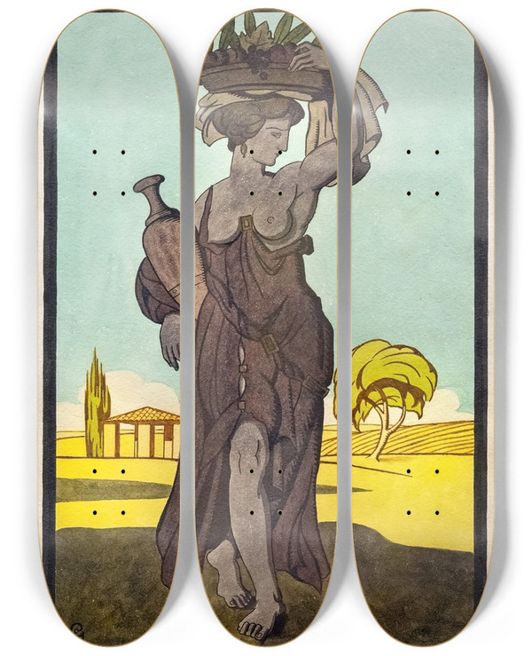 Triptych art skateboard deck of Georges Gaudion Ceres In The Fields by Georges Gaudion (1885-1942)