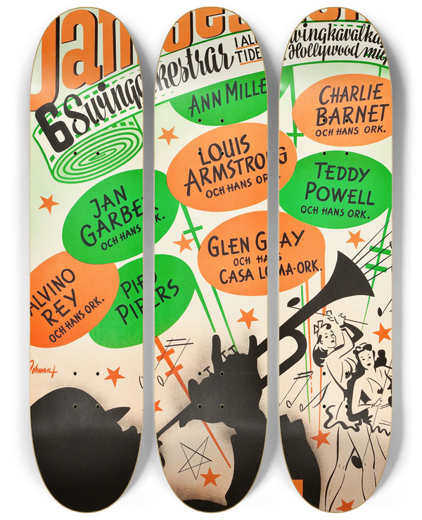 Triptych art skateboard deck of Eric Rohman Jam Session by Eric Rohman (1891-1949)