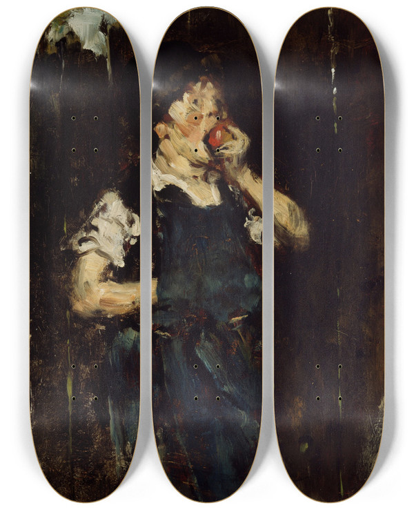 Triptych art skateboard deck of William Merritt Chase The Apprentice Boy With Apple by William Merritt Chase (1849-1916)