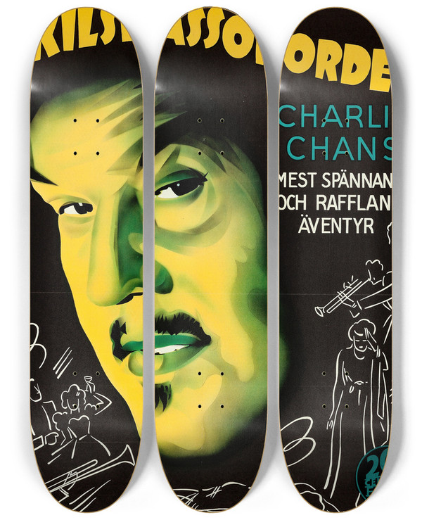 Triptych art skateboard deck of Eric Rohman Charlie Chan In Reno by Eric Rohman (1891-1949)