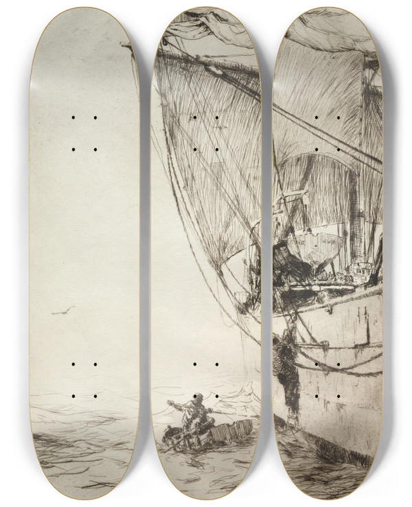 Triptych art skateboard deck of Arthur John Trevor Briscoe The Pilot by Arthur John Trevor Briscoe (1873-1943)