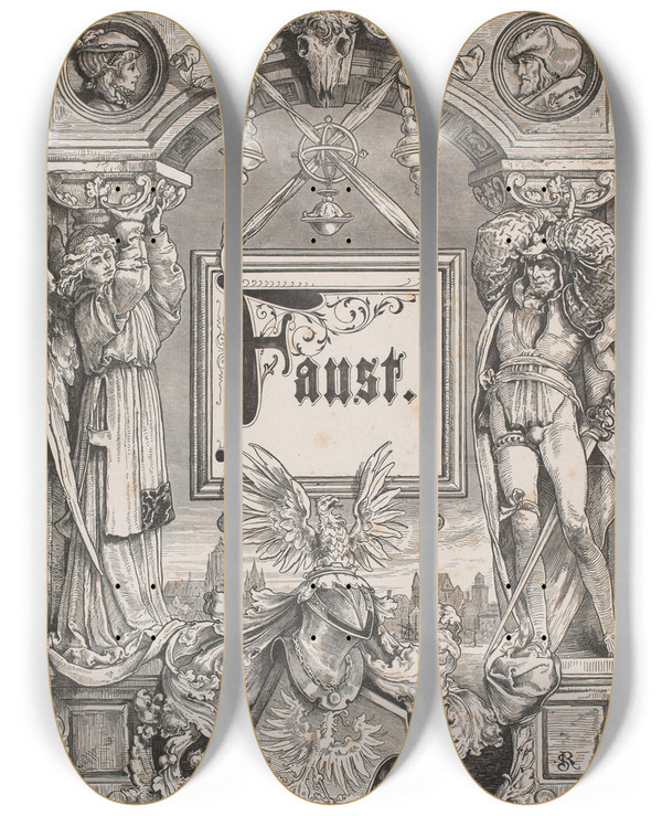 Triptych art skateboard deck of Andr Bork Titelblad Og Vignet Til En Udgave Af Faust Mnchen 1884_2 by Andre Bork