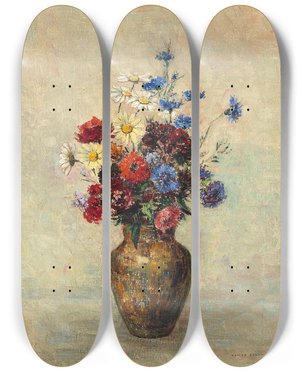 Triptych art skateboard deck of Odilon Redon Flowers In A Vase by Odilon Redon (1840-1916)