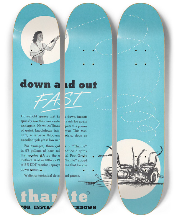 Triptych art skateboard deck of Hercules Incorporated Down And Out Fast by Hercules Incorporated (20-)