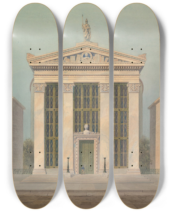 Triptych art skateboard deck of Alexander Jackson Davis Study For The Astor Library New York by Alexander Jackson Davis (1803-1892)