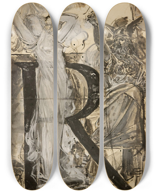 Triptych art skateboard deck of Lucolivier Merson Lettre Orne R by Luc-Olivier Merson (1846-1920)