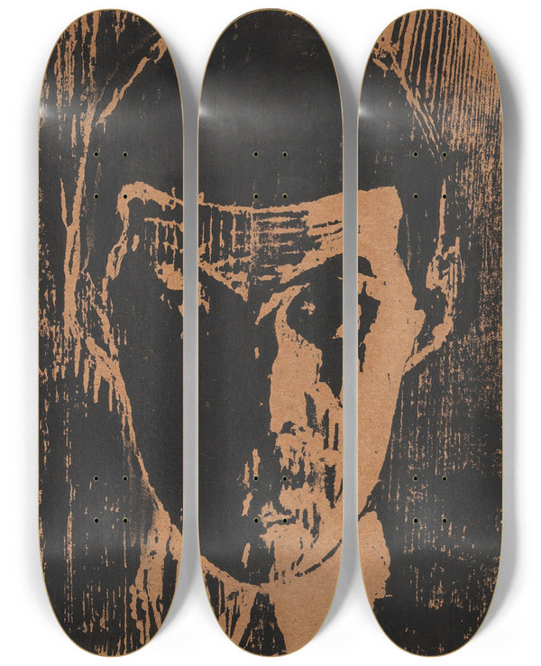 Triptych art skateboard deck of Ludvig Karsten Selvportrett by Ludvig Karsten (1876-1926)