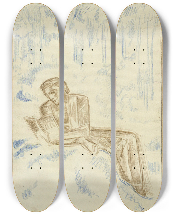 Triptych art skateboard deck of Richard Nicolas Roland Holst Lezende Vrouw In Een Boslandschap by Richard Nicolaus Roland Holst (1868-1938)