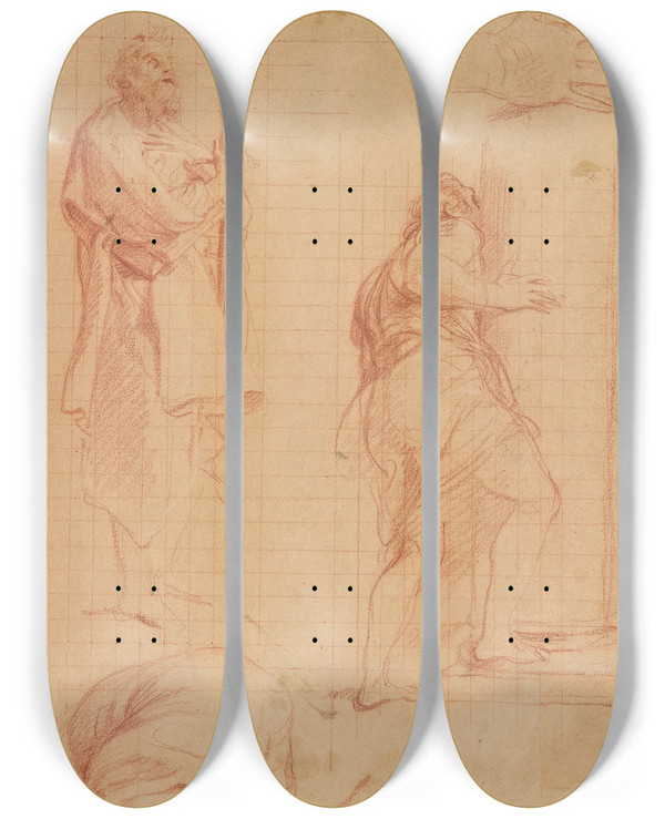 Triptych art skateboard deck of Pompeo Batoni Studies For The Fall Of Simon Magus by Pompeo Batoni (1708-1787)