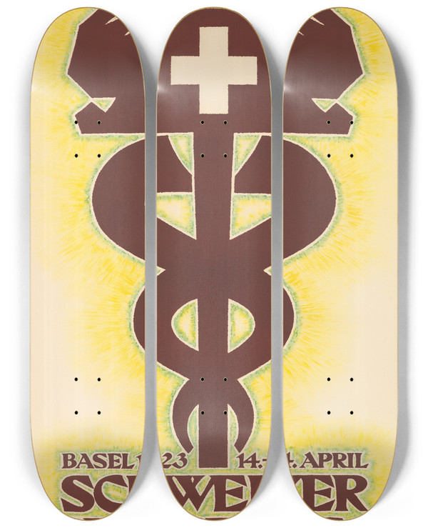 Triptych art skateboard deck of Robert Stcklin Schweizer Mustermesse Basel 1923 1424 April by Robert Stocklin (1889-1931)