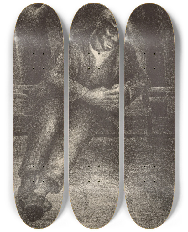 Triptych art skateboard deck of Barbara Burrage Man On Bench by Barbara Burrage (1900-1989)