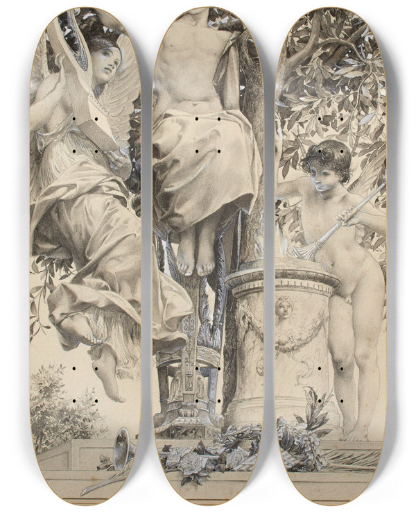 Triptych art skateboard deck of Lucolivier Merson Tude De Figures by Luc-Olivier Merson (1846-1920)