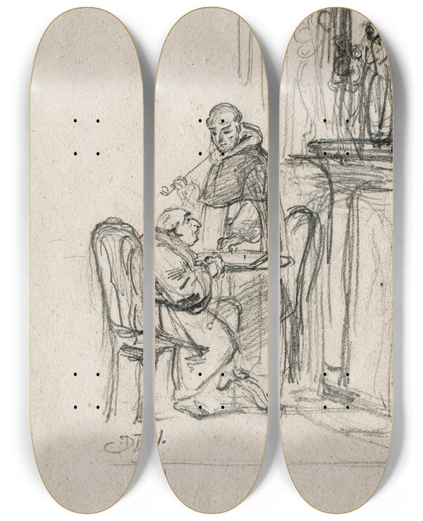Triptych art skateboard deck of David Bles Two Monks Playing Chess by David Bles (1821-1899)