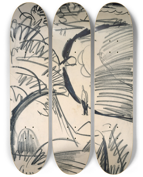 Triptych art skateboard deck of Ernst Ludwig Kirchner Fehmarnkste_1 by Ernst Ludwig Kirchner (1880-1938)