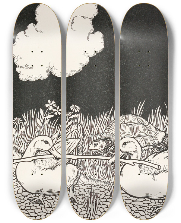 Triptych art skateboard deck of Percy J Billinghurst The Tortoise And The Two Ducks by Percy J Billinghurst (1871-1933)