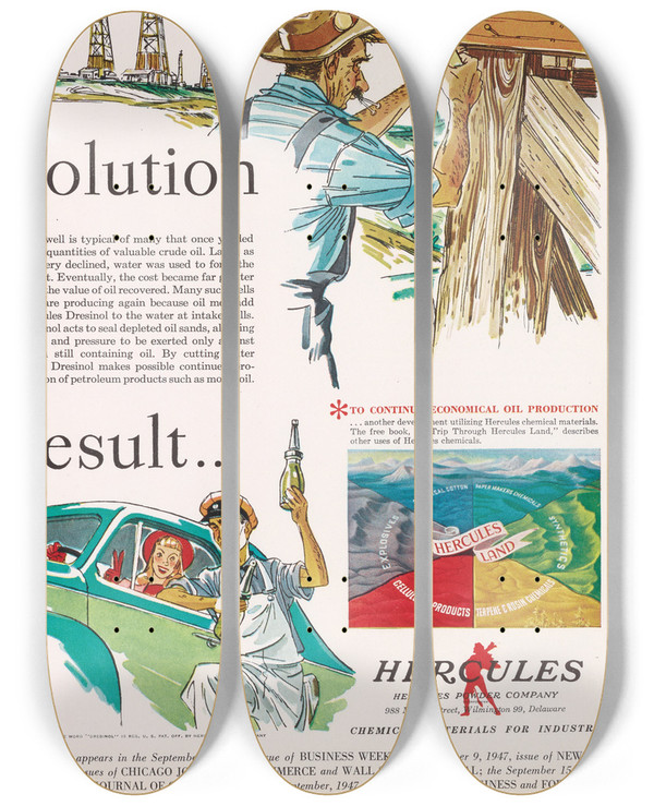 Triptych art skateboard deck of Hercules Incorporated Problem Solution Result September by Hercules Incorporated (20-)